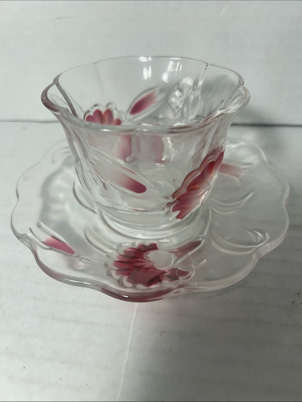 Pink Floral Glass Teacup and Saucer Set
